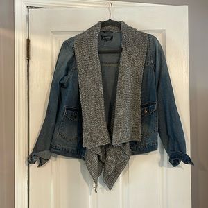 Blue denim jacket with gray sweater attached collar
